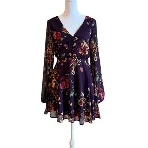 Lulus Burgundy Floral Chiffon Long Sleeve Fit & Flare Dress XS